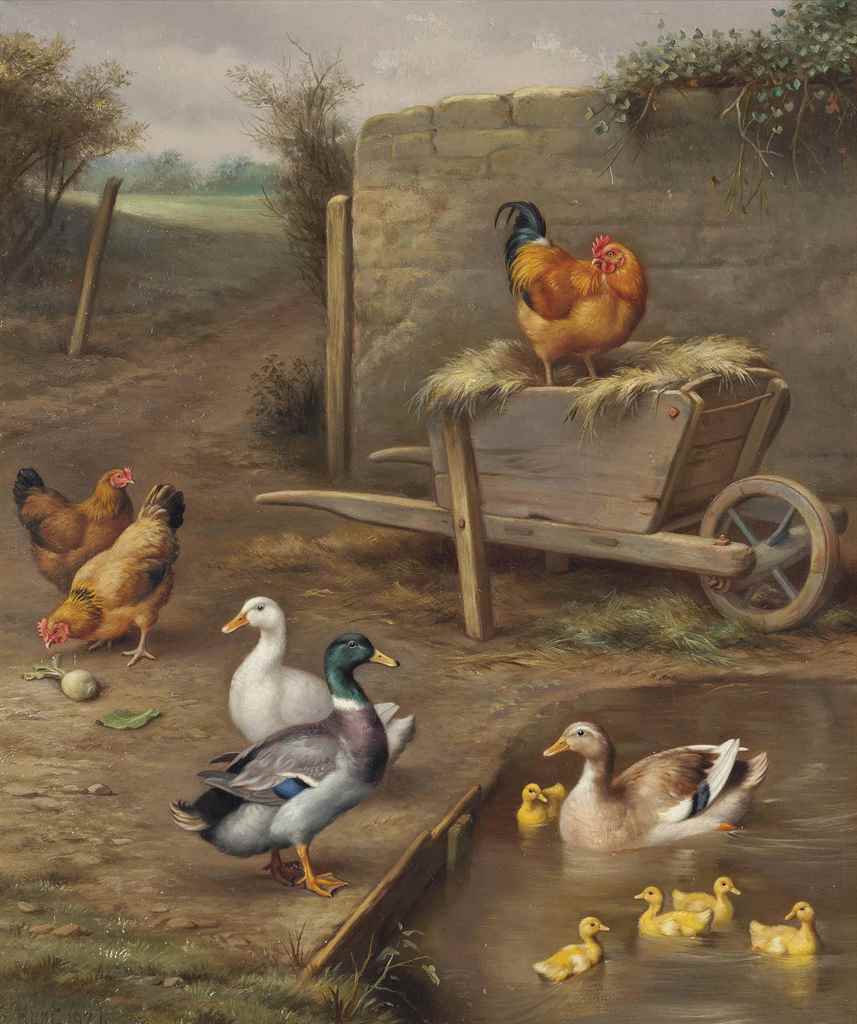 Edgar Hunt (1876-1955)
Fowl friends
signed and dated 'E Hunt 1924' (lower left)
oil on canvas
14 x