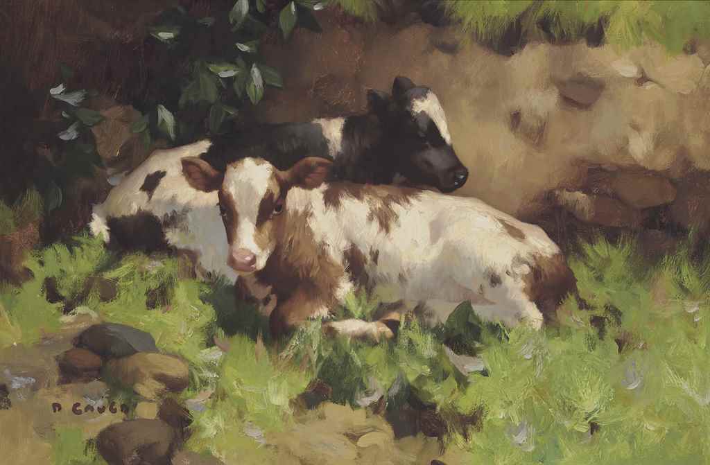 David Gauld, R.S.A. (1865-1936)
Ayrshire calves
signed 'D GAULD' (lower left)
oil on canvas
20 x