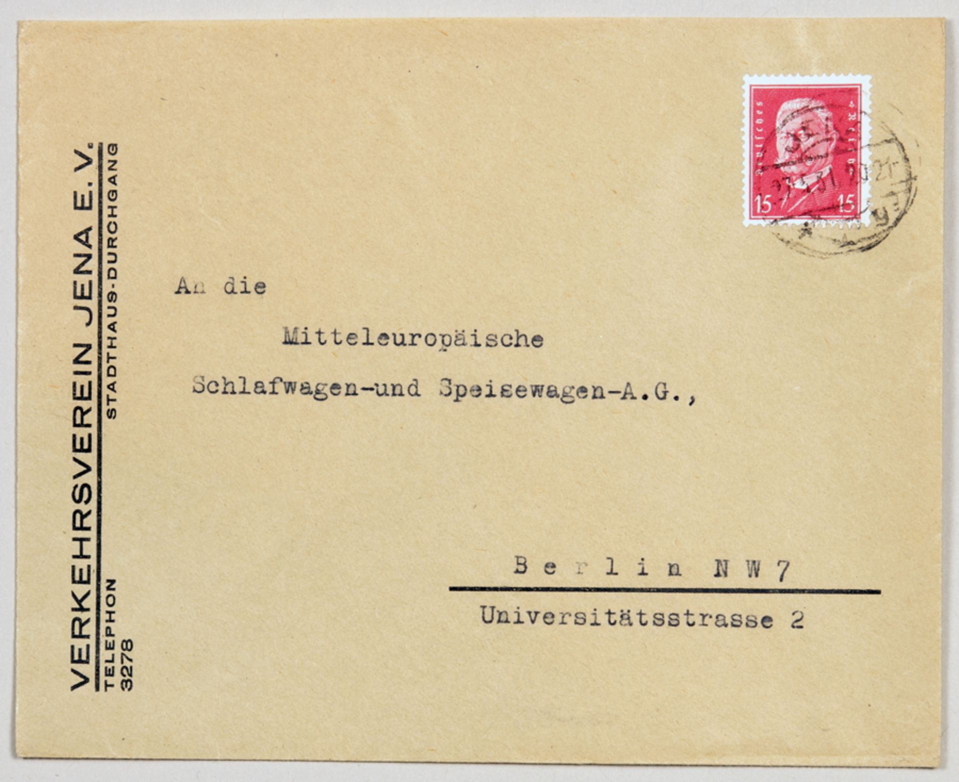 Walter Dexel. Verkehrsverein Jena e.V. Briefumschlag. Letterprint. Um 1924. 12,2 : 15,5 cm.