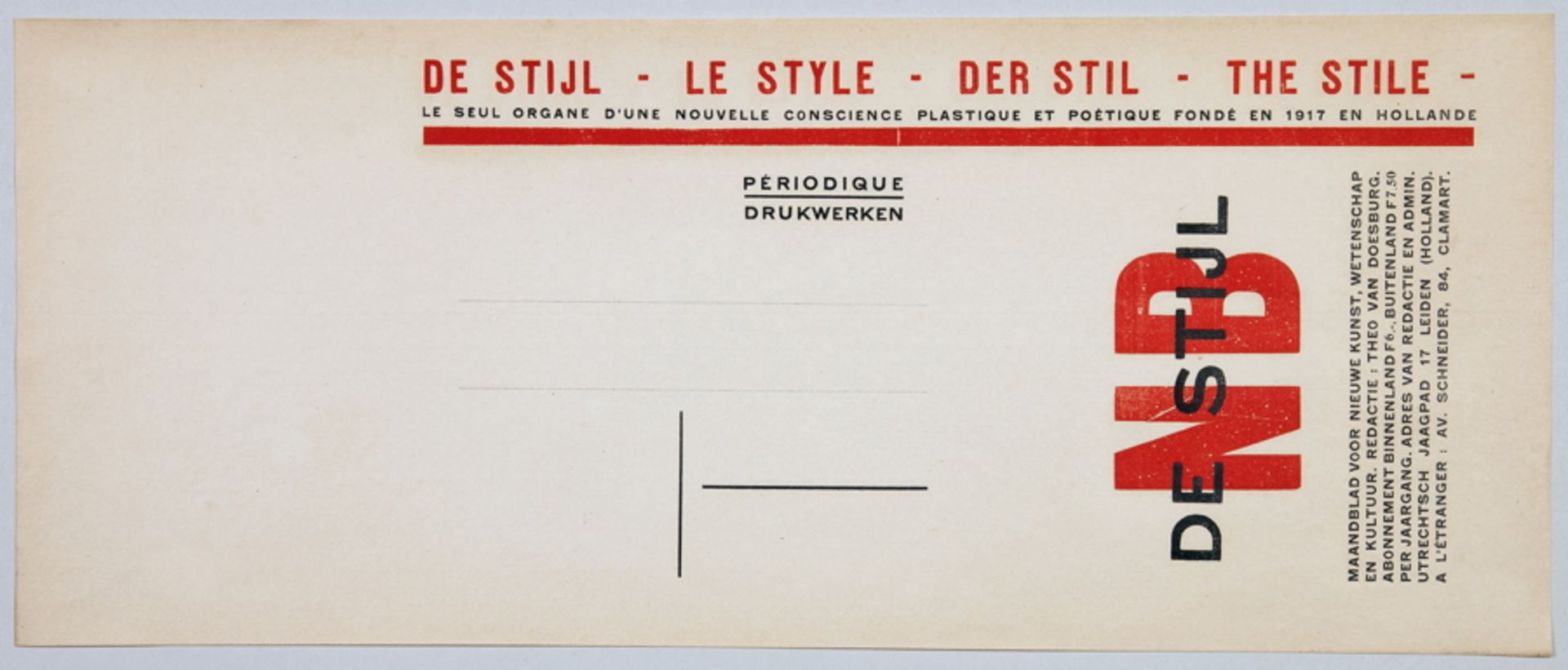 Theo van Doesburg. De Stijl. Letterprint. Um 1926. 15,2 : 36,7 cm. Banderole für die Zeitschrift »De