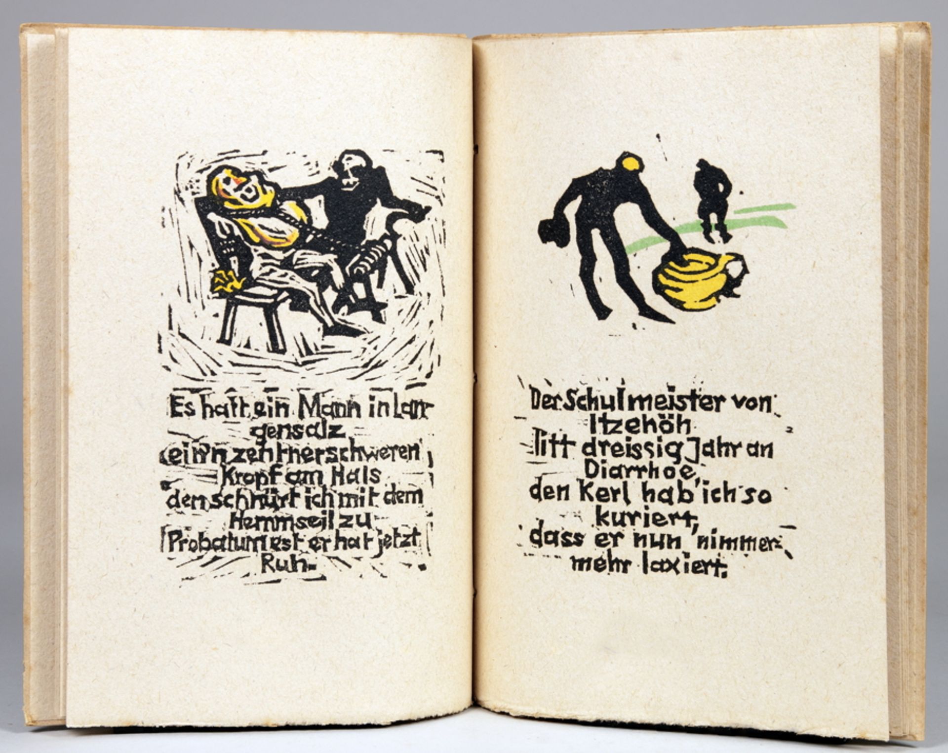 Doctor Eisenbart. Linoleumschnitte von Hermann Holthoff und Adolf Rademacher. München, Drei Masken