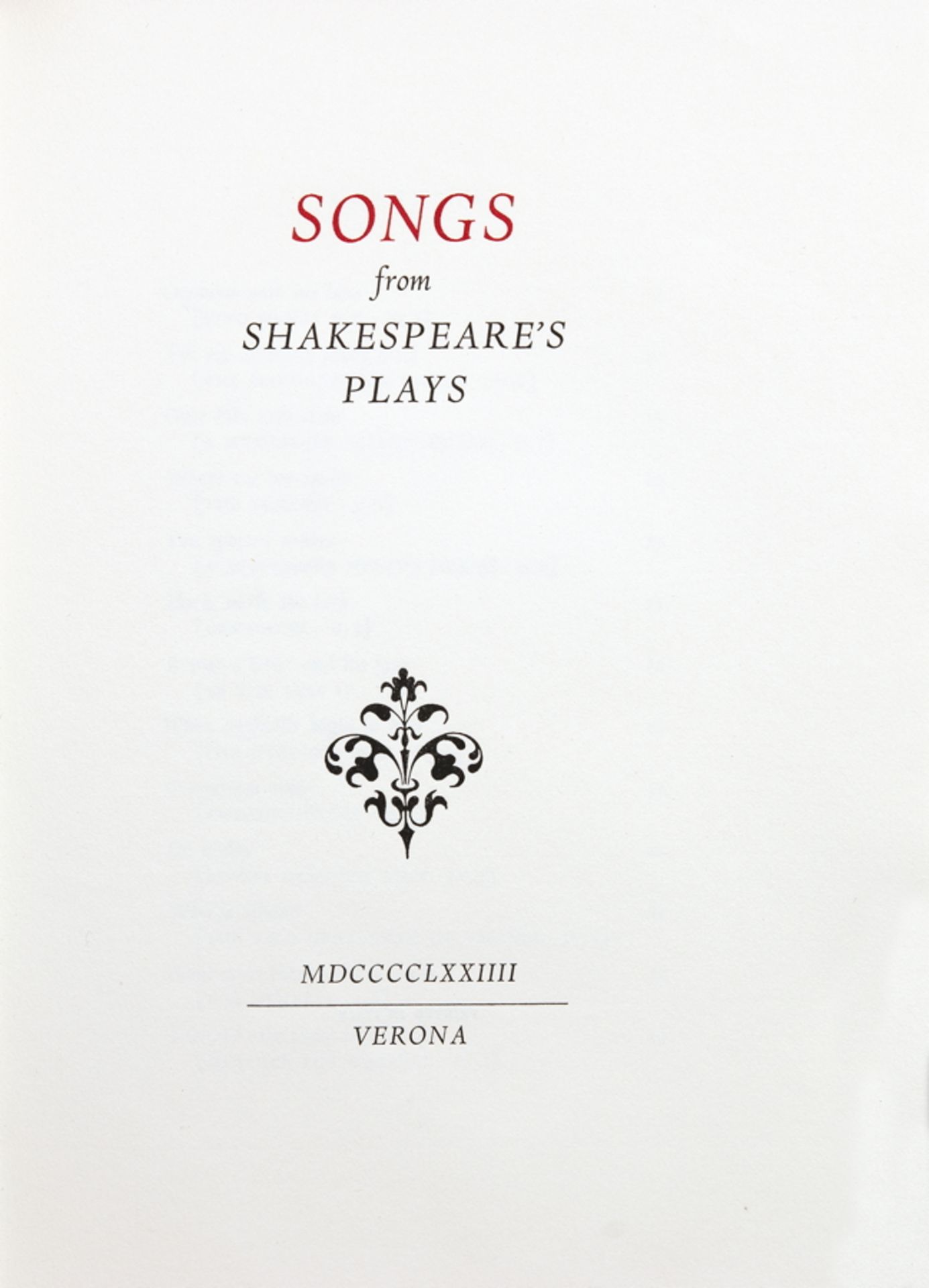 Officina Bodoni - Songs from Shakespeare's Plays. Verona 1974. Grüner Originalhalbmaroquinband mit