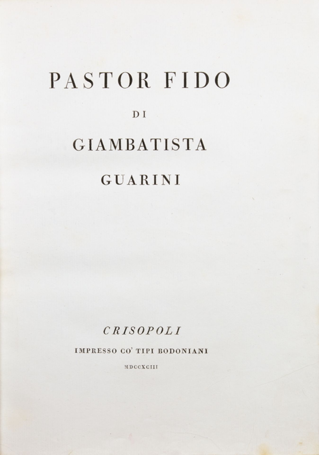 Bodoni - Giambatista Guarini. Pastor Fido. Crisopoli [Parma], Bodoni 1793. Marmorierter und grün - Image 2 of 2