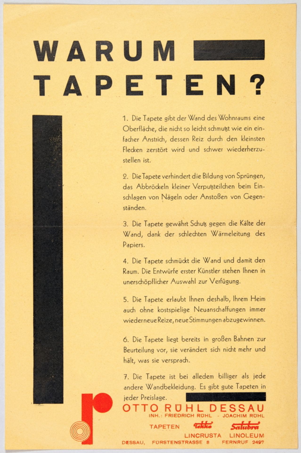 Herbert Bayer. Otto Rühl Dessau. Briefumschlag. Klischeedruck. 11,4 : 16,2 cm. – Warum Tapeten? - Image 2 of 2