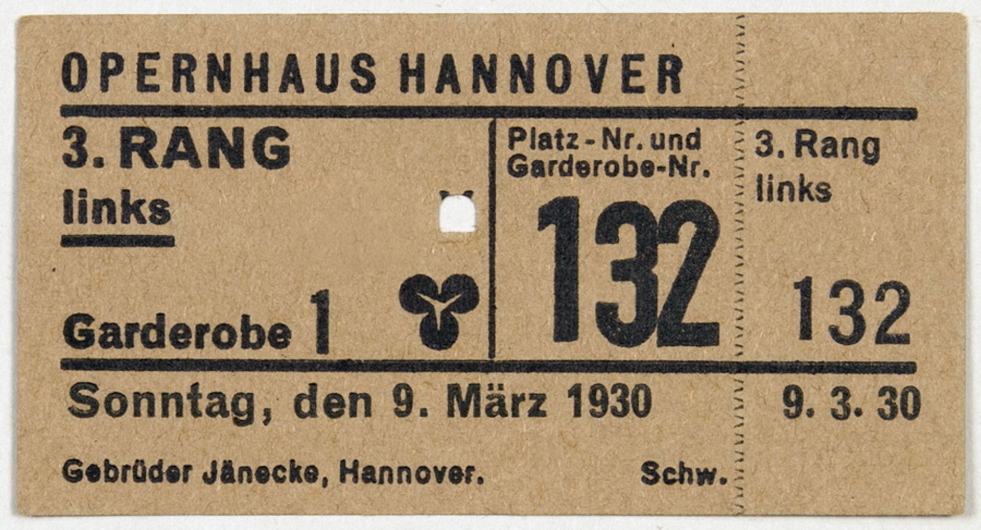 "Kurt Schwitters. Opernhaus Hannover. Platz- und Garderobenkarte. Letterpress. 1930. 4,2 : 8,0 cm.