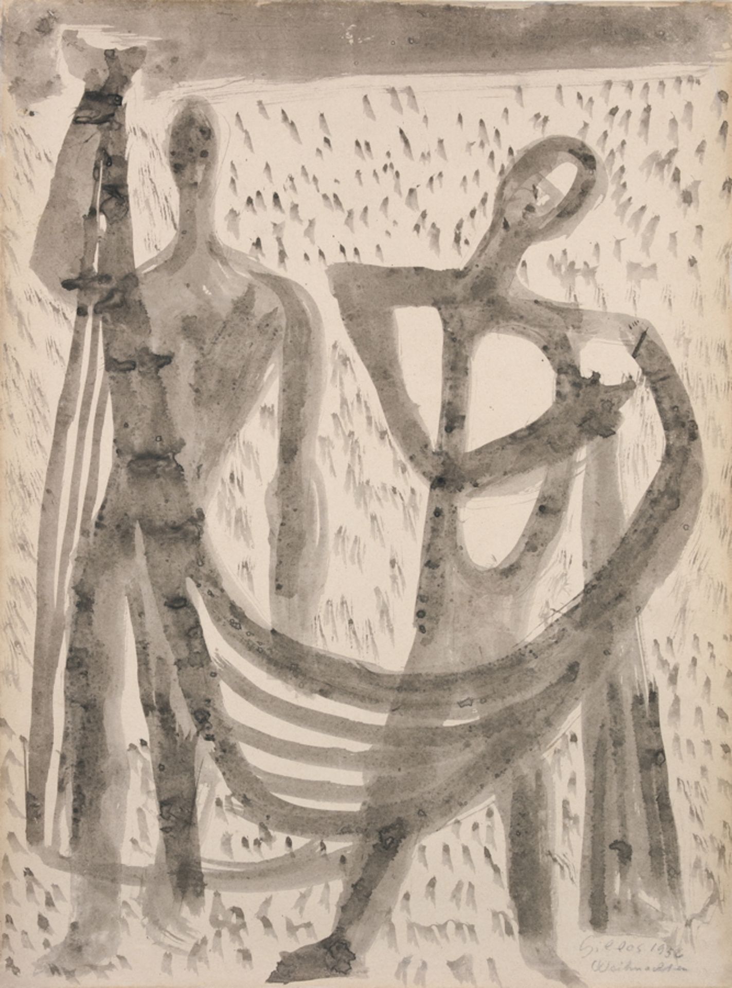 Werner Gilles. Komposition (Zwei stehende Figuren). Tuschpinsel. 1956. 56,0 : 41,5 cm. Signiert