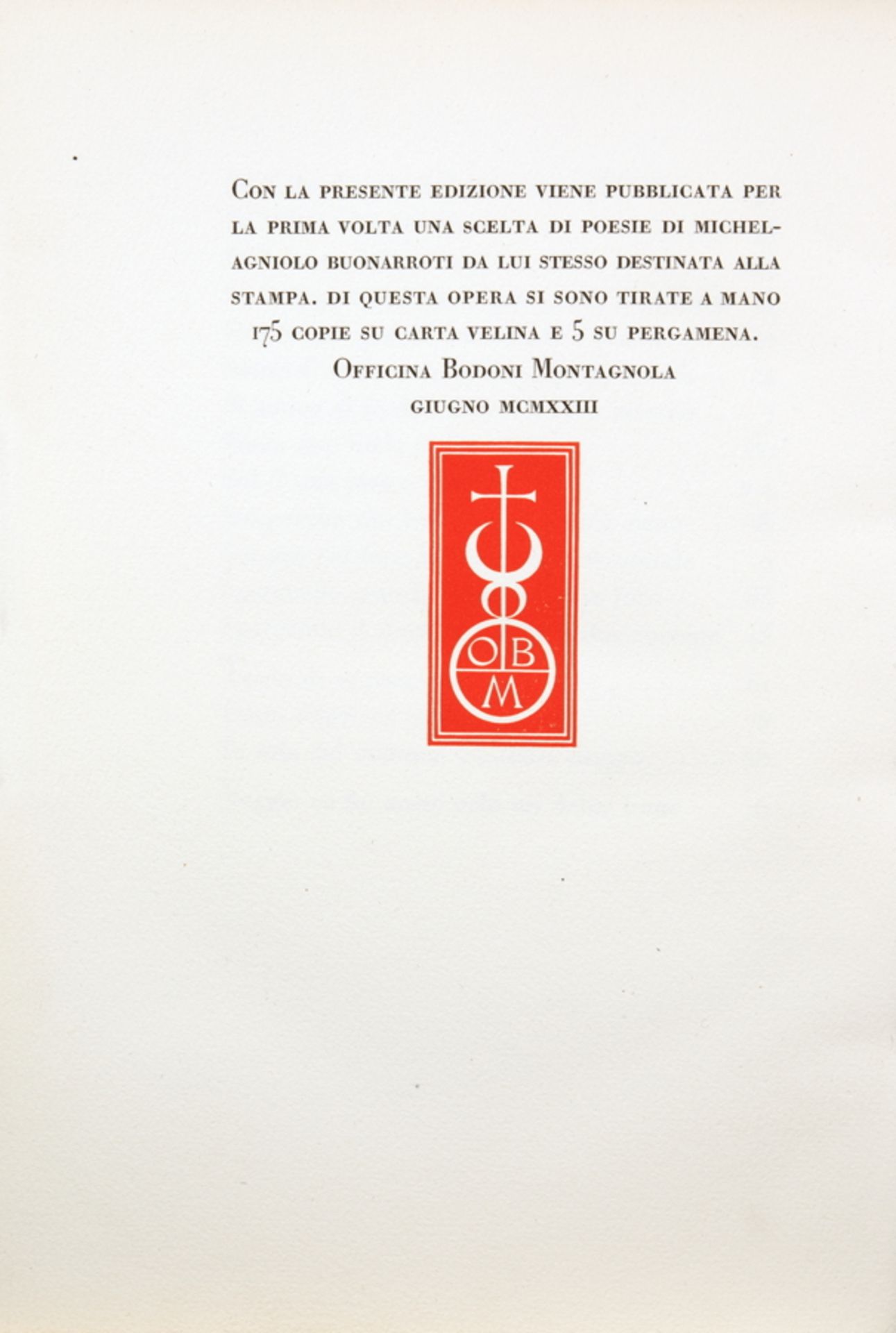 Officina Bodoni - Michelagniolo Buonarrotti. Poesie. Montagnola 1923. Leuchtend gelber - Image 2 of 2