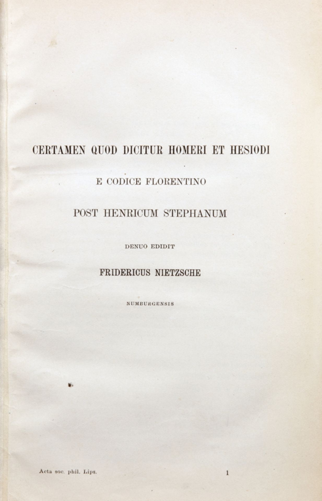 "Friedrich Nietzsche. Certamen quod dicitur Homeri et Hesiodi. E codice Florentino. Post Henricum - Image 2 of 2