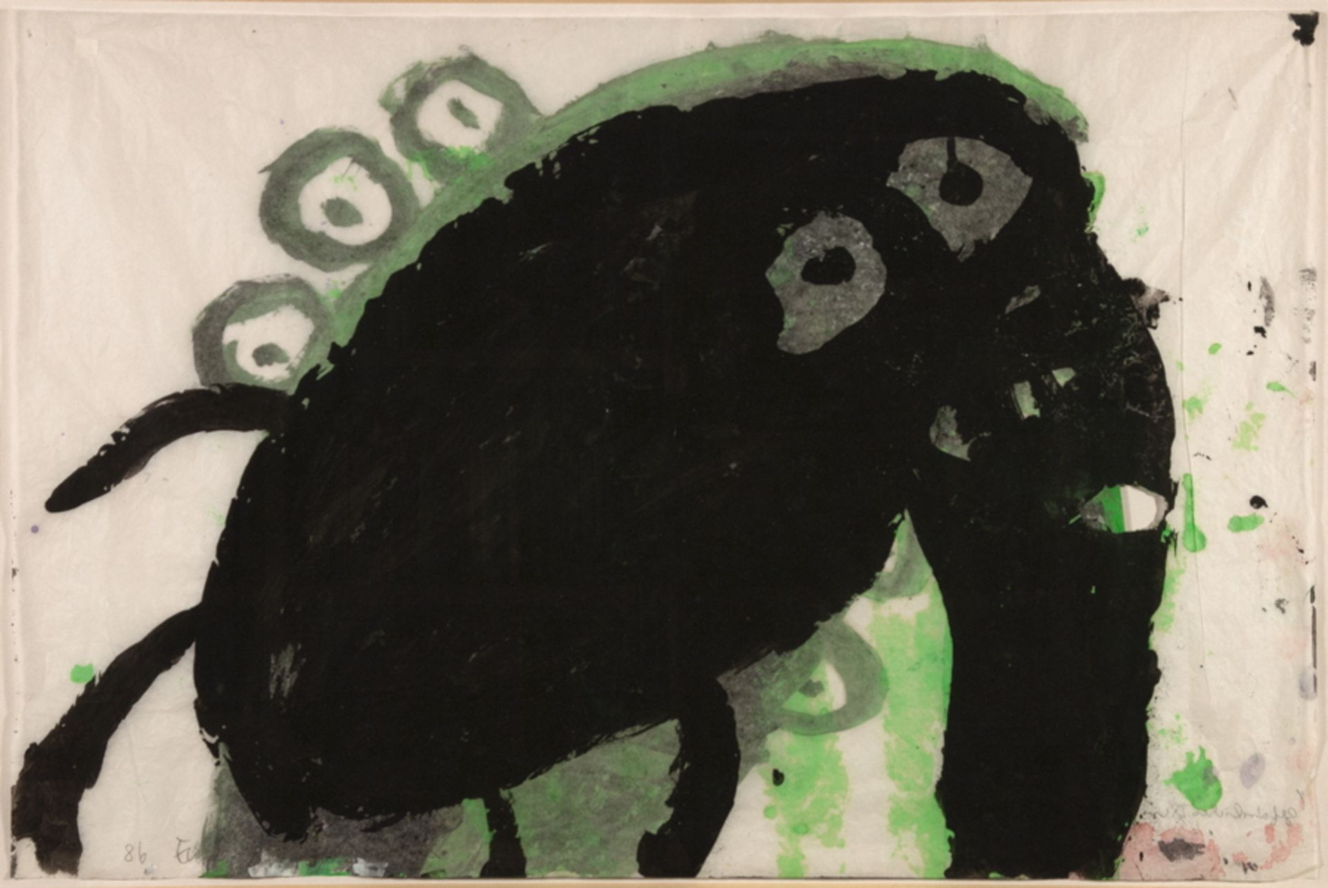 Eun-Nim Ro. Gefährliches Tier. Acryl auf Papier. 1986. 49,0 : 74,5 cm. Signiert, datier und