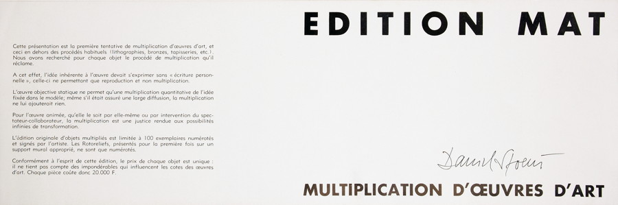 Daniel Spoerri - Edition Mat. Multiplication d’œuvres d’art. [Paris 1959]. Mit zahlreichen