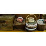 BASKET OF PLATES, TABLE CLOTH, FISHING BASKET + BASKET ETC