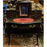 BRASS MOUNTED INLAID + EBONY BOW FRONT WRITING TABLE