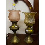 2 BRASS OIL LAMPS + SHADES