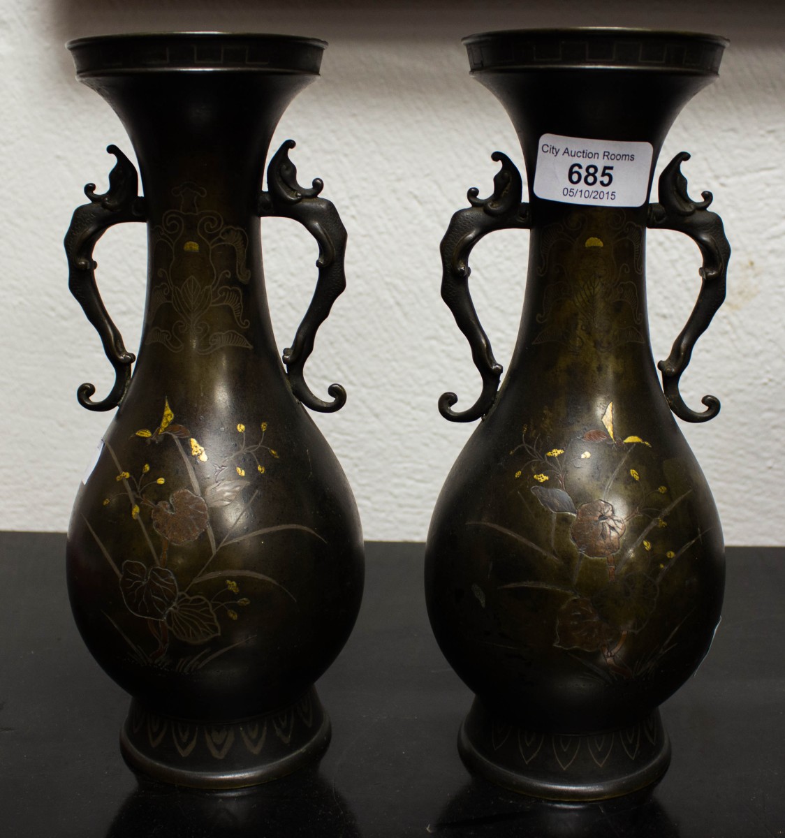 PAIR OF JAPANESE SHIBYAMA BRONZE VASES INLAID WITH GOLD & SILVER