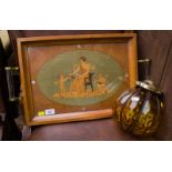 FRENCH MARQUETRY TRAY WITH INLAY + AMBER GLASS LIGHT