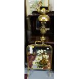 BRASS MINIATURE OIL LAMP + BRASS SWAN + BRASS MIRROR FIRESCREEN