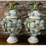 PAIR OF PROFUSELY DECORATED URNS WITH BIRDS AND FLOWER APPLIQUE - AF