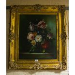 STILL LIFE OF FLOWERS ON CANVAS IN LARGE ORNATE FRAME 30'' X 35''