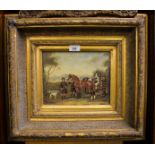 OIL ON BOARD HUNTSMEN IN GILT FRAME