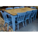 PITCH PINE KITCHEN TABLE + 8 PAINTED CHAIRS