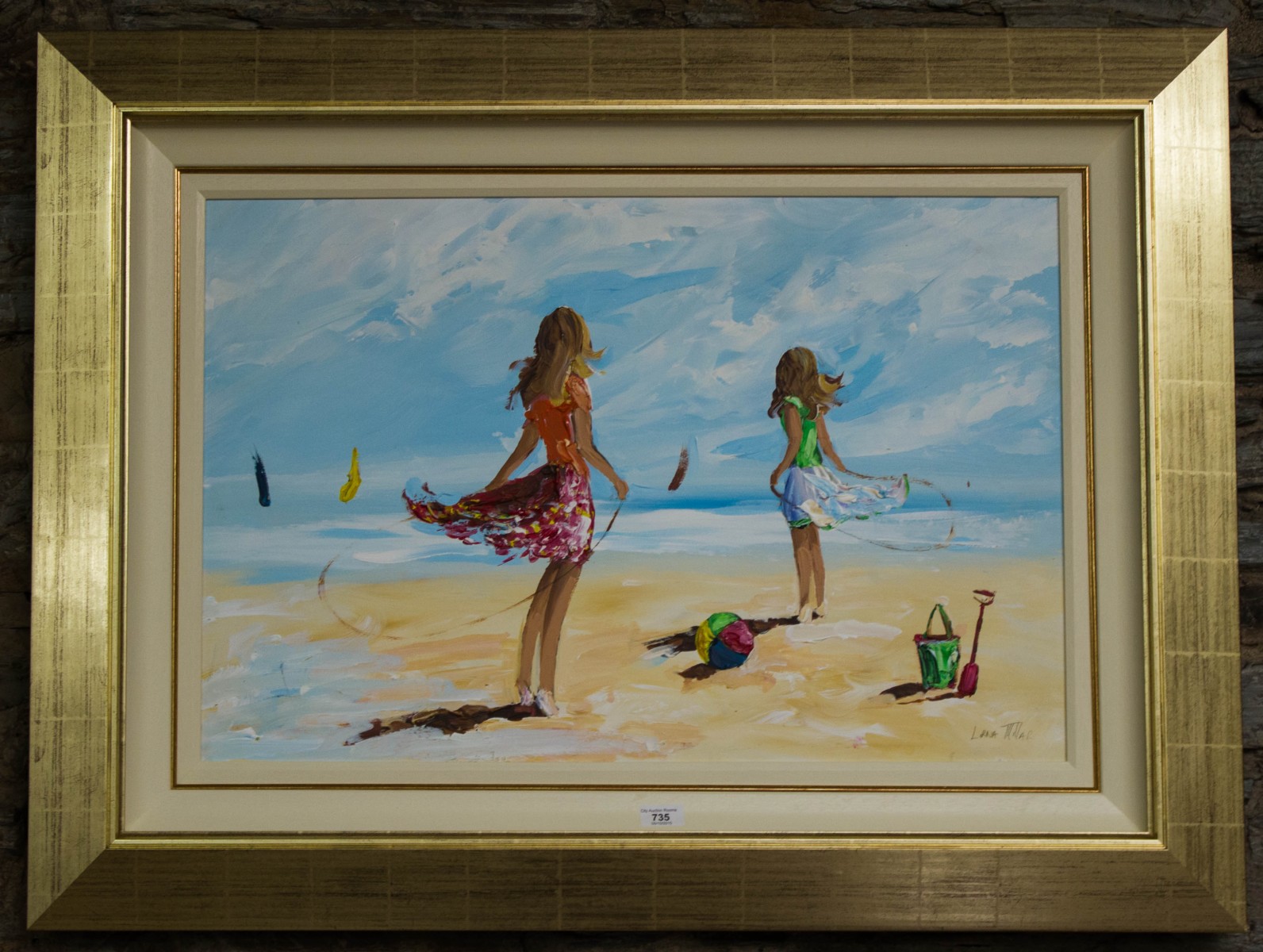 LORNA MILLER. CHILDREN ON THE BEACH. OIL ON BOARD