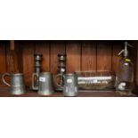 PAIR OF PEWTER CANDLESTICKS, 3 TANKARDS, SYPHON + SHIP IN BOTTLE