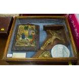 ICON, CRUCIFIX & PLAQUES IN TABLE CABINET