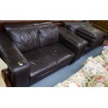 3 SEATER + 2 SEATER LEATHER SETTEE + POUFFE