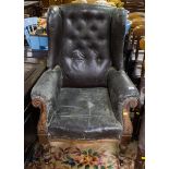 ANTIQUE BUTTON BACK WING CHAIR