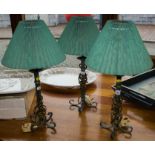 3 METAL TABLE LAMPS WITH GREEN SHADES