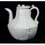 Chinese qingbai type porcelain ewer, the pot of octagonal form with a flat lid, 5"h