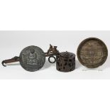 (lot of 3) Japanese bronze items, Edo period; a yatate (portable writing set) with pierced work to