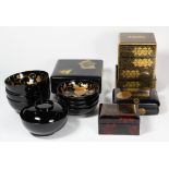 (lot of 9) Japanese lacquer ware: a set of five covered bowls, interior decorated with moths and