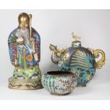 (lot of 3) Chinese enameled cloisonne items; including a standing Shoulao with a peach and staff;