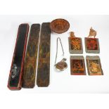 (lot of 7) Himalayan/Tibetan wood items; including a set of six message boards, each of red and