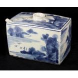 Japanese large blue and white porcelain water dropper, of rectangular form, each side with landscape