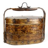 Chinese two tiered wooden carrying basket, of oval section, with a wide handle with iron fittings,