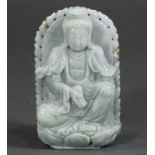 Chinese jadeite carving of a Guanyin, seated in laliasana holding an amphora, all backed by a