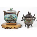 (lot of 2) Chinese cloisonne enameled covered censer, of square section with stylized lotus on a