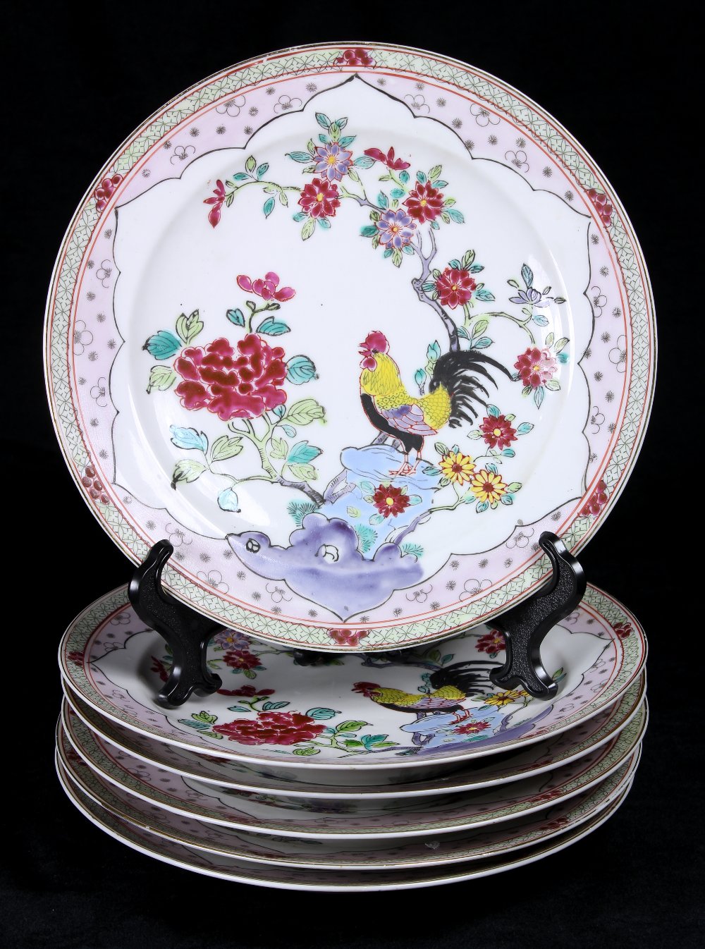 (lot of 6) Chinese enameled porcelain plates, decorated with a rooster amid peonies and various