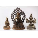 (lot of 3) Himalayan metal Buddhist sculptures, one medicine Buddha with right hand holding a stem