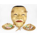 (Lot of 3) Japanese erotica items, consisting of one noh okina clay mask and two sea shells