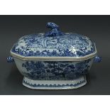 Chinese export porcelain blue-and-white tureen, of octagonal form painted with peonies and bamboo on