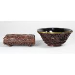 (lot of 2) Chinese cinnabar style box and bowl, the rectangular box with a dragon amid clouds;