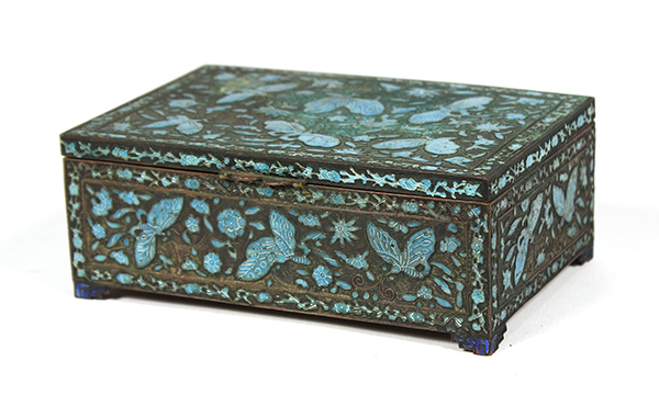 Chinese enameled metal box, of rectangular form with blue enameled butterflies and flowers, the base