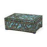 Chinese enameled metal box, of rectangular form with blue enameled butterflies and flowers, the base