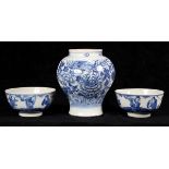 (lot of 3) Chinese underglaze blue porcelain, consisting of two bowls painted with the Three Star