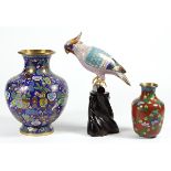 (lot of 3) Chinese cloisonne enameled items, consisting of a multi-colored parrot with a wood stand;