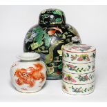 (lot of 3) Group of Chinese porcelain, consisting of a jar with two fu-lions, bearing signature '