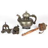 (lot of 3) Asian decorative metal items, consisting of an Indian toy of horses pulling a cart; a